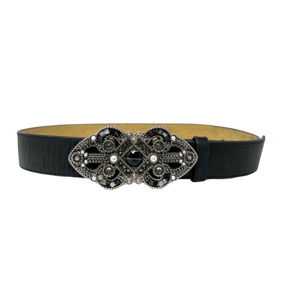 Vintage LEATHEROCK Black Leather Belt Large Crystal Encrusted Buckle - Picture 1 of 11